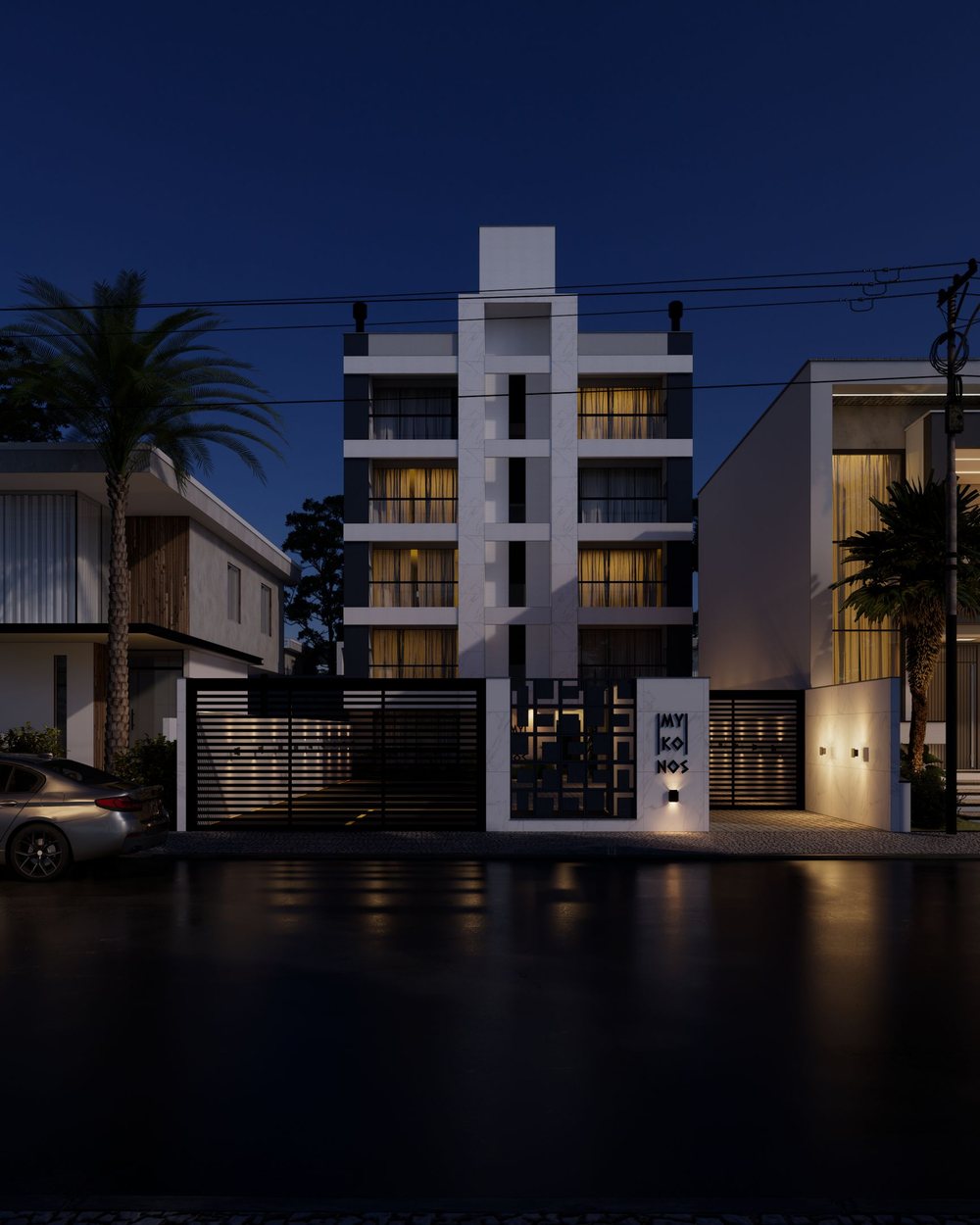 Fachada do Residencial Mykonos à noite, com o letreiro na entrada (imagem ilustrativa)