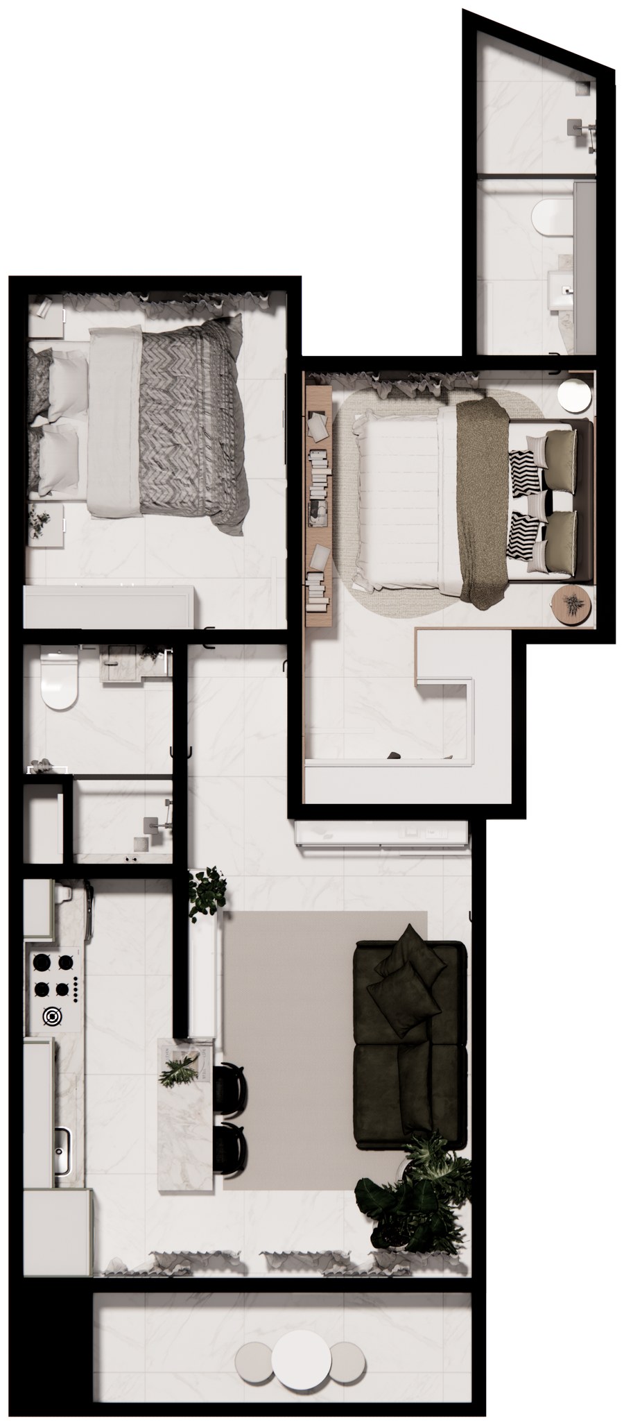 Planta do apartamento de 2 dormitórios, cerca de 63 m²
