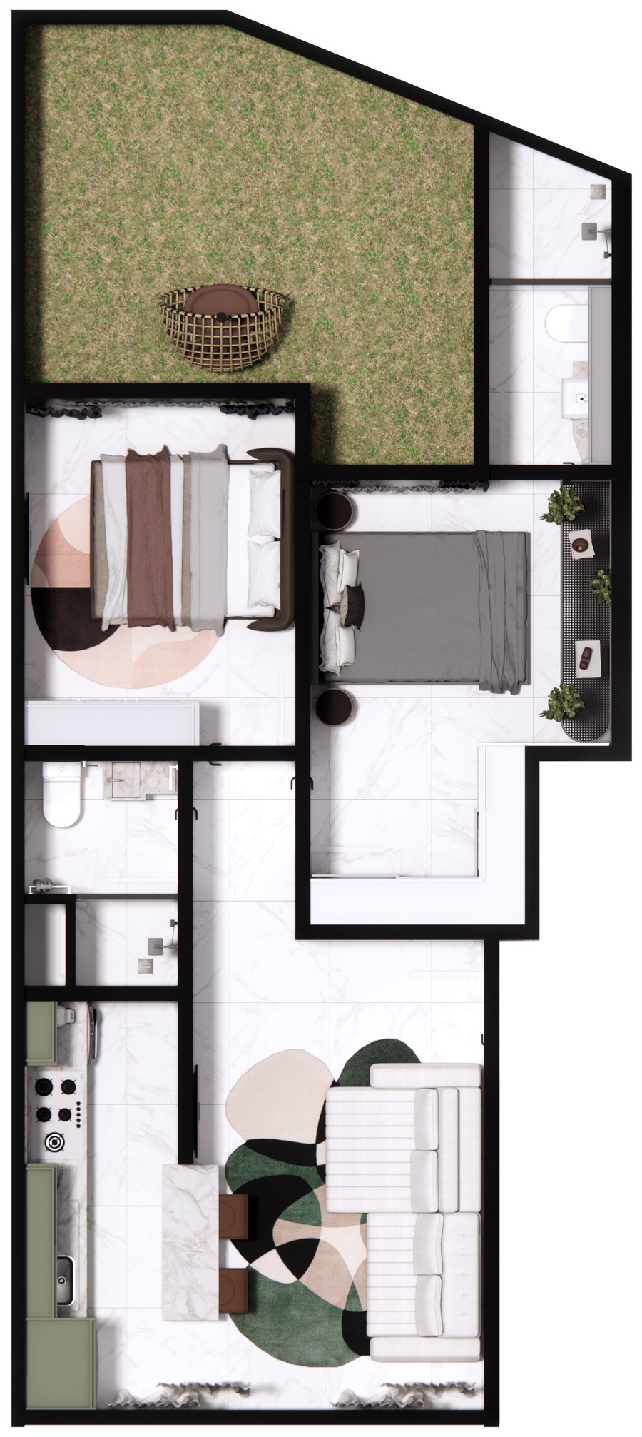 Planta do apartamento Jardim de 73,09 m² com pátio privativo